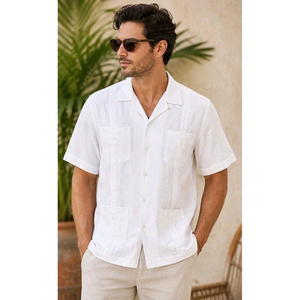 Cubavera Men Size XXL White Embroidered Linen Blend Short Sleeve Shirt